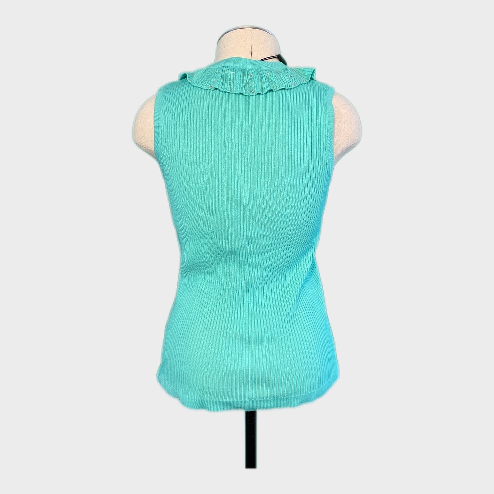 Belldini Luxe Turquoise Ruffle Rhinestone Vest Cardigan Figure Flattering Large✨ - Picture 4 of 9
